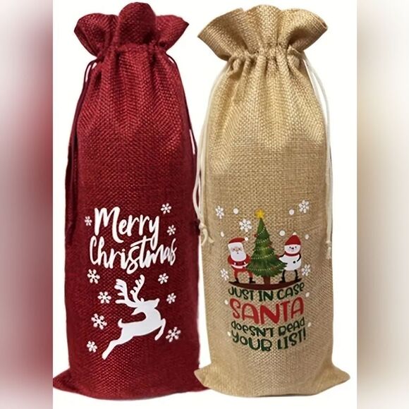 Other - Burlap Christmas 2 pcs Wine, Champagne, & 750 ml liquor bottle gift bag